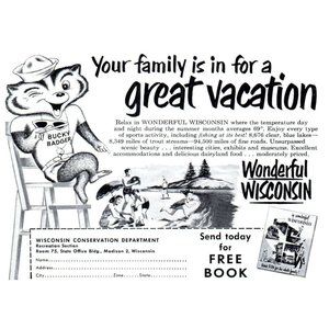1953 Wisconsin Vacation Travel Vintage Print Ad Bucky Badger Cartoon Wall Art